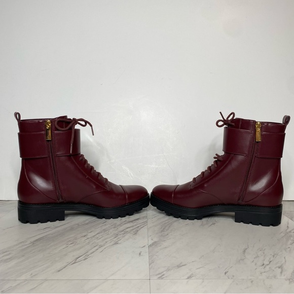 New! Michael Kors Tatum Maroon Faux Leather Lace Up Combat Boot 9M - Picture 5 of 14
